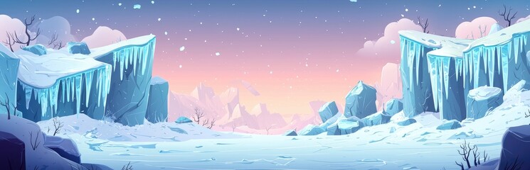 Obraz premium A Snowy, Icy, and Rocky Landscape with Bare Trees and a Pink Sky