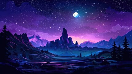 Fototapeta premium Nighttime Mountain Landscape with Moon and Stars