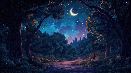Fototapeta premium A crescent moon illuminates a path through a dark forest at night.