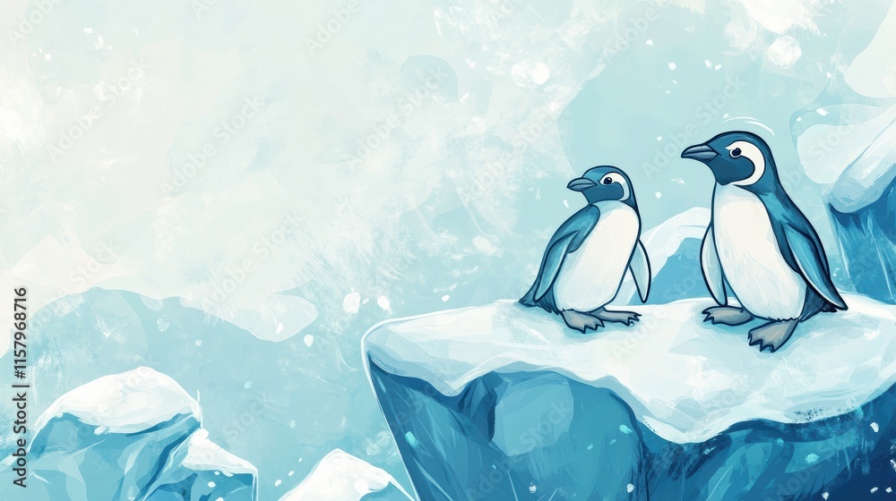 Leinwandbilder whimsical doodle of playful penguins on icebergs with space for text in a serene winter setting. gen