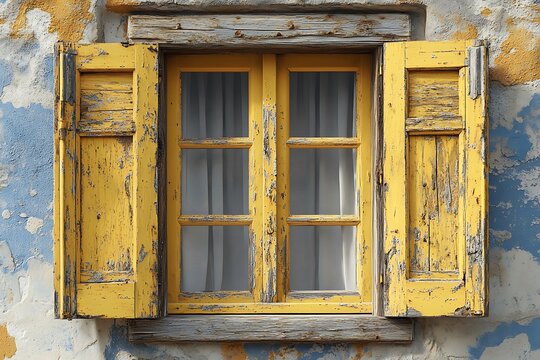 Weathered Yellow Window With Peeling Paint And Shutters