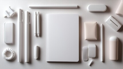 A flat lay of minimalist office supplies, including a blank notebook and white pens