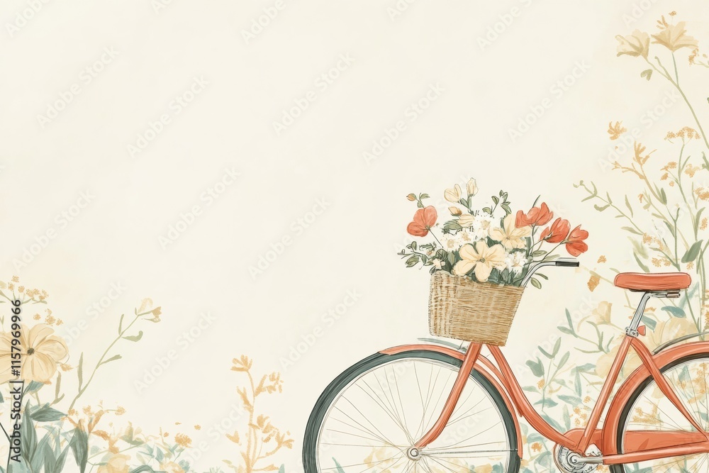 Aufkleber doodle of vintage bicycle with basket overflowing with spring flowers and ample space for creative t
