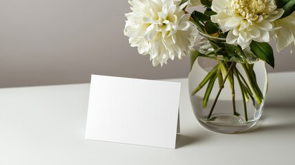 A clean white business card leaning against a glass vase filled with fresh flowers