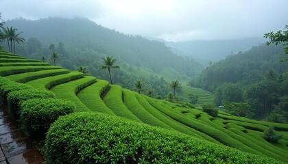 Fototapeta premium Aerial view of a tea plantation on a rainy day with curved terraces and misty mountain background