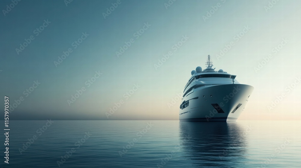 Poster luxury cruise ship sails on calm sea at sunset with ample copy space for text and branding opportuni