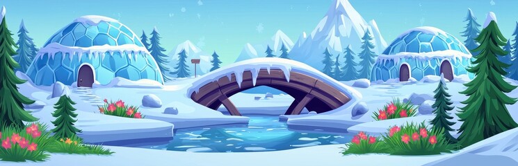 A Winter Wonderland Scene with Snow-Covered Igloos, a Wooden Bridge, and a Frozen River
