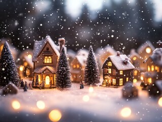 Fototapeta premium Idyllic snow-covered village scene at night with warm lights.