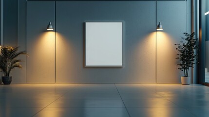 A blank poster displayed on a clean gallery wall under soft spotlights