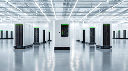 modern commercial data center featuring robust backup systems and advanced technology. spacious layout enhances efficiency and performance