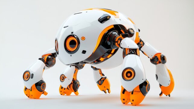 Futuristic robotic creature designed for diverse applications, featuring sleek white and orange colors, advanced technology, and innovative mechanical limbs for versatility and movement.