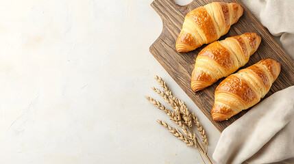 Freshly baked croissants arranged on wooden board with wheat. Perfect for breakfast or brunch, these pastries are golden and flaky