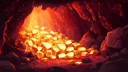 Mystical cave with gleaming gold nuggets illuminated by an ethereal red light creating enchanting and magical atmosphere. Auriferous. Illustration