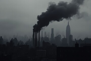 Obraz premium Thick black smoke rises from industrial chimneys against an overcast sky in an urban landscape during the day. Generative AI