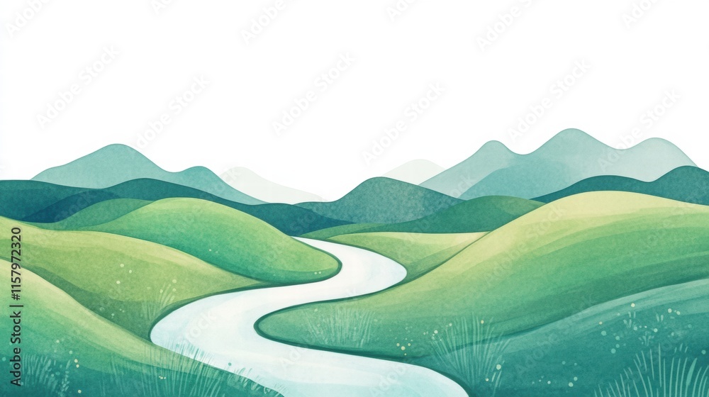 Poster Serene landscape with rolling hills and a gentle river flowing through a naive art style background. Generative AI