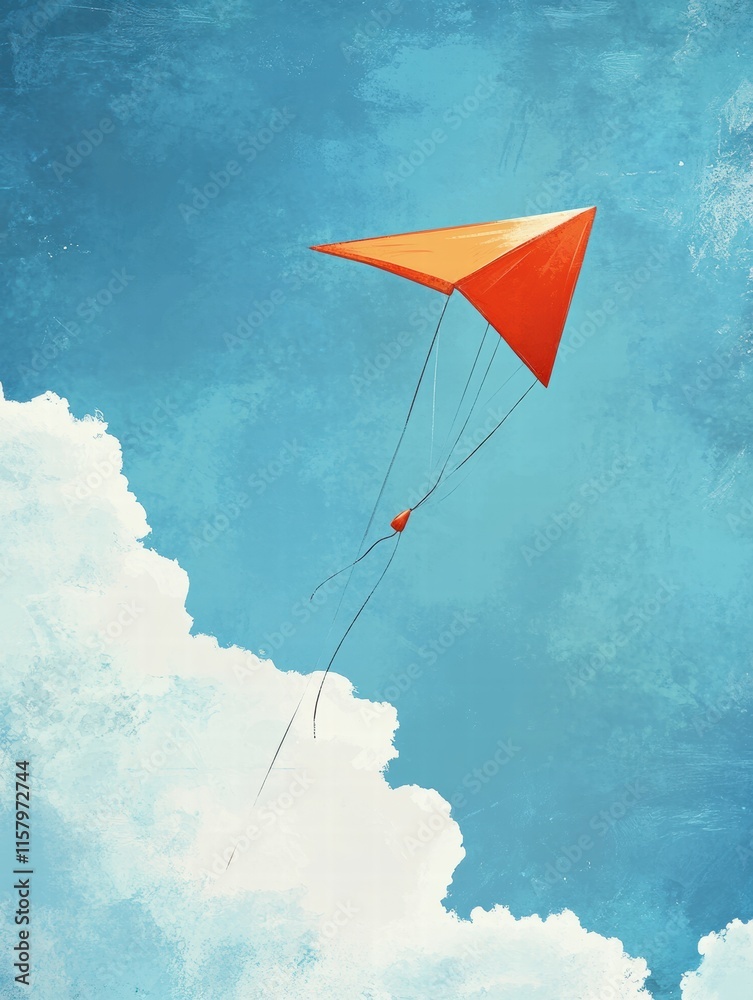 Poster colorful kite soaring high against a naive art style background with clear blue skies and fluffy whi