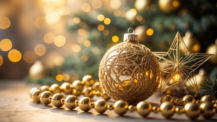 Fototapeta premium Golden Christmas Ornament and Star Decoration with Festive Lights