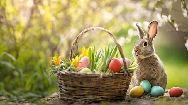  Easter bunny with basket of colorful eggs and tulip flowers in spring garden. Easter greetings video animaton