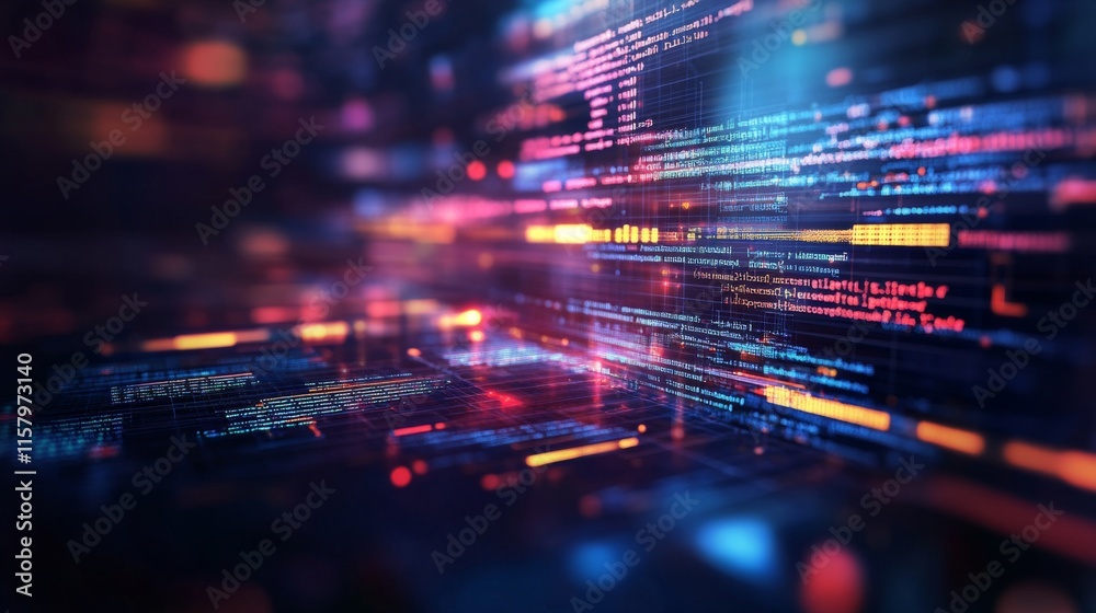 Poster abstract futuristic digital data flow featuring vibrant glowing lines, binary code, and a dynamic co