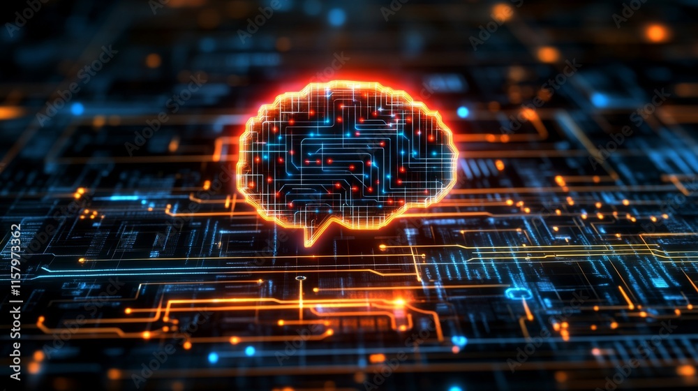 Poster abstract representation of a digital brain with glowing circuits, symbolizing artificial intelligenc