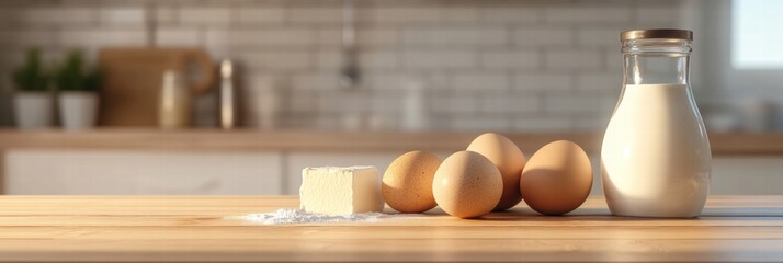 Ingredients on a wooden kitchen counter for baking with copy space to showcase recipes. Generative AI