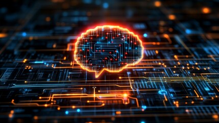 Abstract representation of a digital brain with glowing circuits, symbolizing artificial intelligence, data processing, and technological advancement