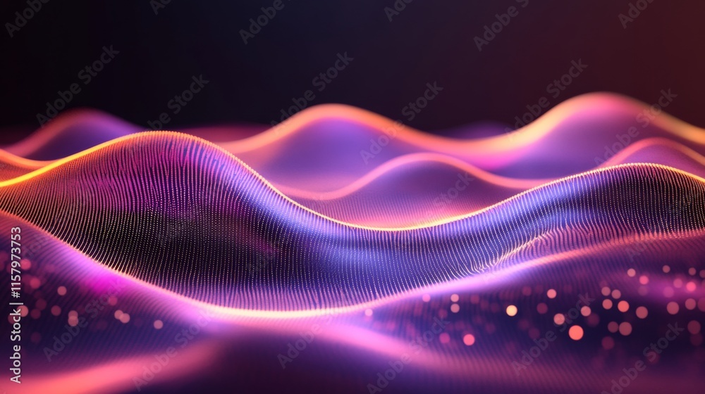 Poster abstract waves of light and color in a digital landscape with undulating motion, creating a vivid an