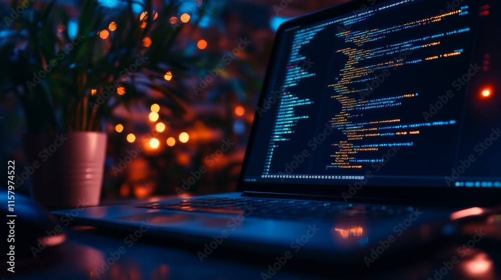Poster computer laptop displaying colorful code on screen with soft ambient lighting and potted plant in ba