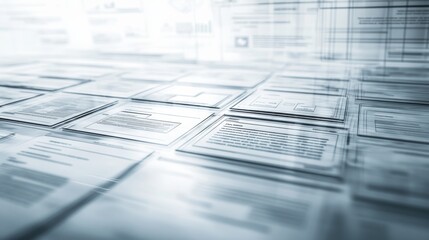 Conceptual representation of digital documents and data processing featuring transparent layers of text and charts in a modern technology environment