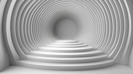 Obraz premium A minimalist white tunnel with steps leading to a circular opening.