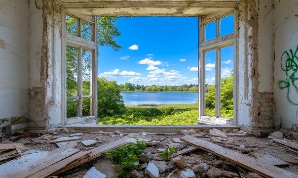 Fototapeta A view through a broken window overlooking a serene lake and greenery.