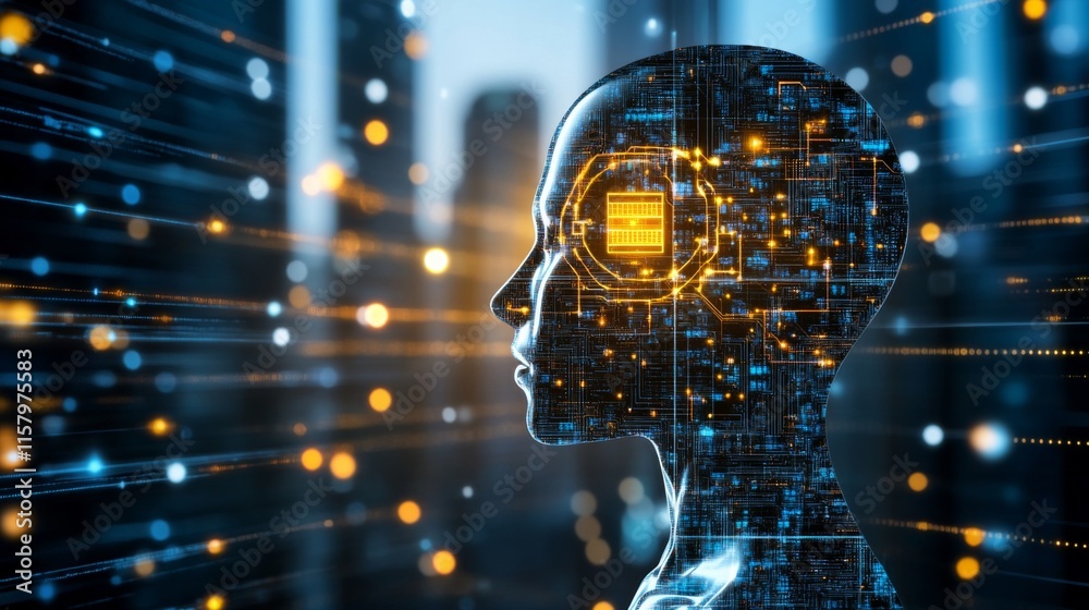 Poster futuristic concept of human head with circuit board design and digital elements representing artific