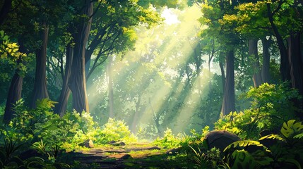Obraz premium Sunbeams Shining Through a Lush Green Forest