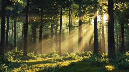 Obraz premium Golden Rays of Sunlight Filtering Through a Dense Forest