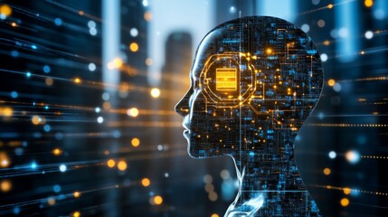 Futuristic Concept of Human Head with Circuit Board Design and Digital Elements Representing Artificial Intelligence and Data Processing in Modern Cityscape
