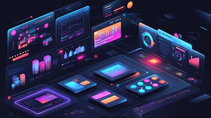 Futuristic Data Visualization Interface with Neon Elements, Featuring Colorful Graphs, Charts, and Informative Panels for Modern Technology Analysis