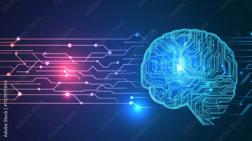 Poster Futuristic Digital Brain with Circuit Patterns Representing Artificial Intelligence and Technology Integration in Modern Computing Environments