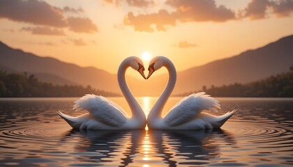 Fototapeta premium Swans on the lake at sunset with reflections and a beautiful landscape