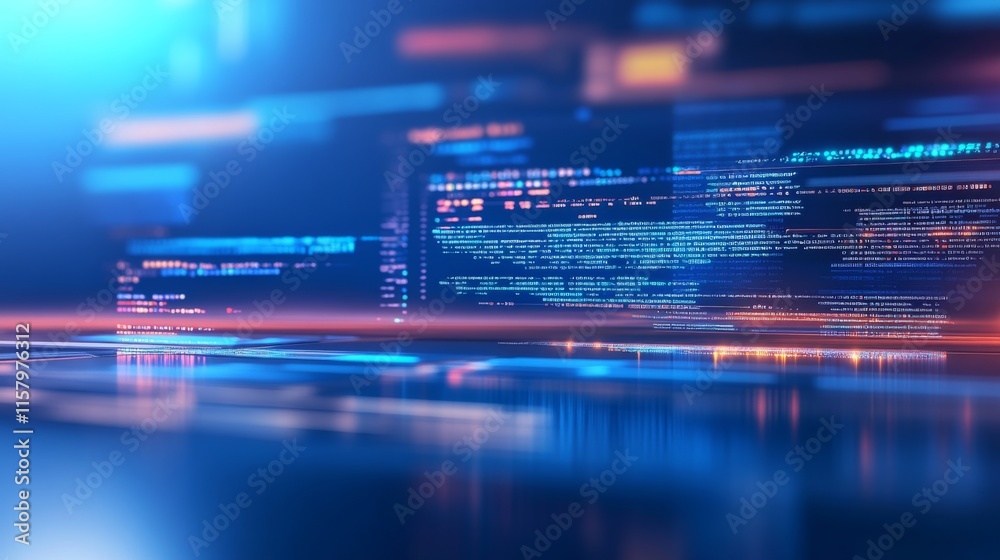 Poster Futuristic Digital Interface with Glowing Lines and Text Data Representing Advanced Technology in a Virtual Environment for Background Usage