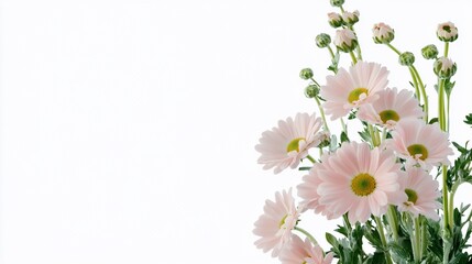 Fototapeta premium A bouquet of pink daisies with green buds on a white background.