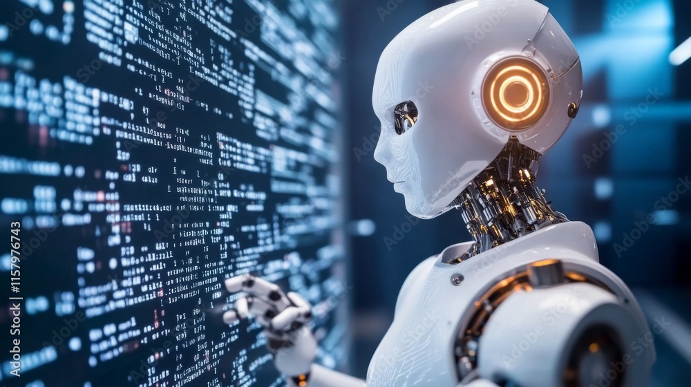 Poster futuristic robot interacting with digital data display, showcasing artificial intelligence technolog