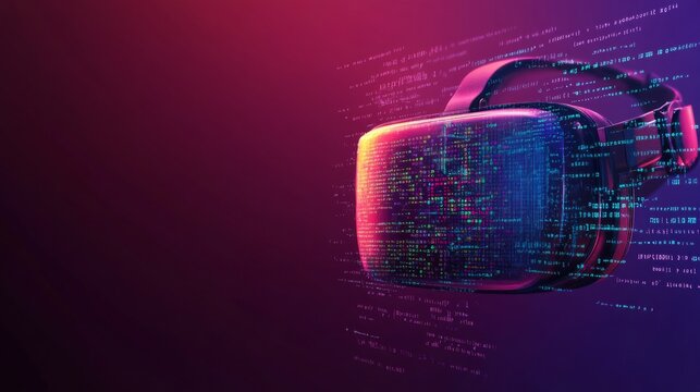 Futuristic Virtual Reality Headset with Colorful Data Visualization and Digital Elements Representing Technology Innovation and Immersive Experiences