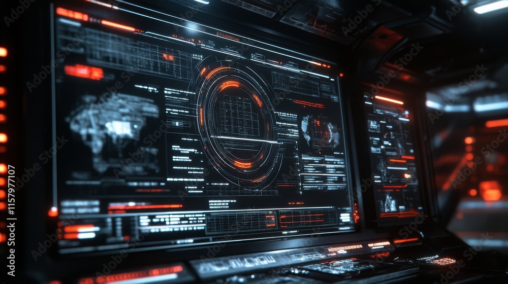 Poster high-tech control interface with futuristic graphics and data visualization in a dark environment, i