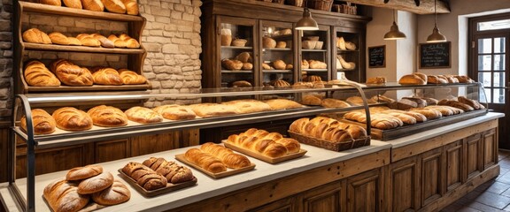 Artisan bakery with fresh bread loaves displayed on rustic wooden shelves and counters