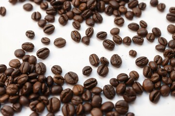 Obraz premium Close-Up of Roasted Coffee Beans on White Background