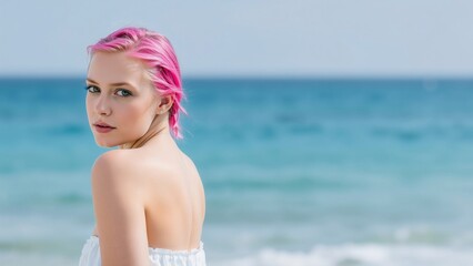 Young Woman with Pink Hair Gazing Over Her Shoulder at the Beach