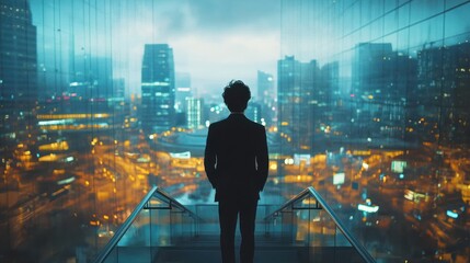 Plakat Man in suit overlooking cityscape at night.