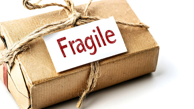 fragile package wrapped in brown paper with twine string and label