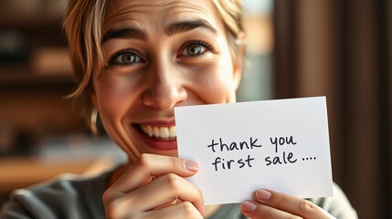 Cheerful Woman Celebrating First Sale with Thank You Note