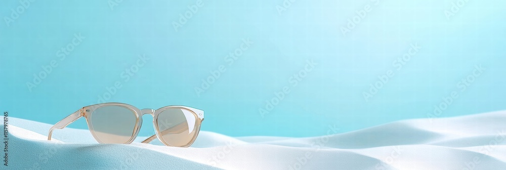 Poster stylish sunglasses resting on soft white sand with a serene blue background ideal for summer relaxat